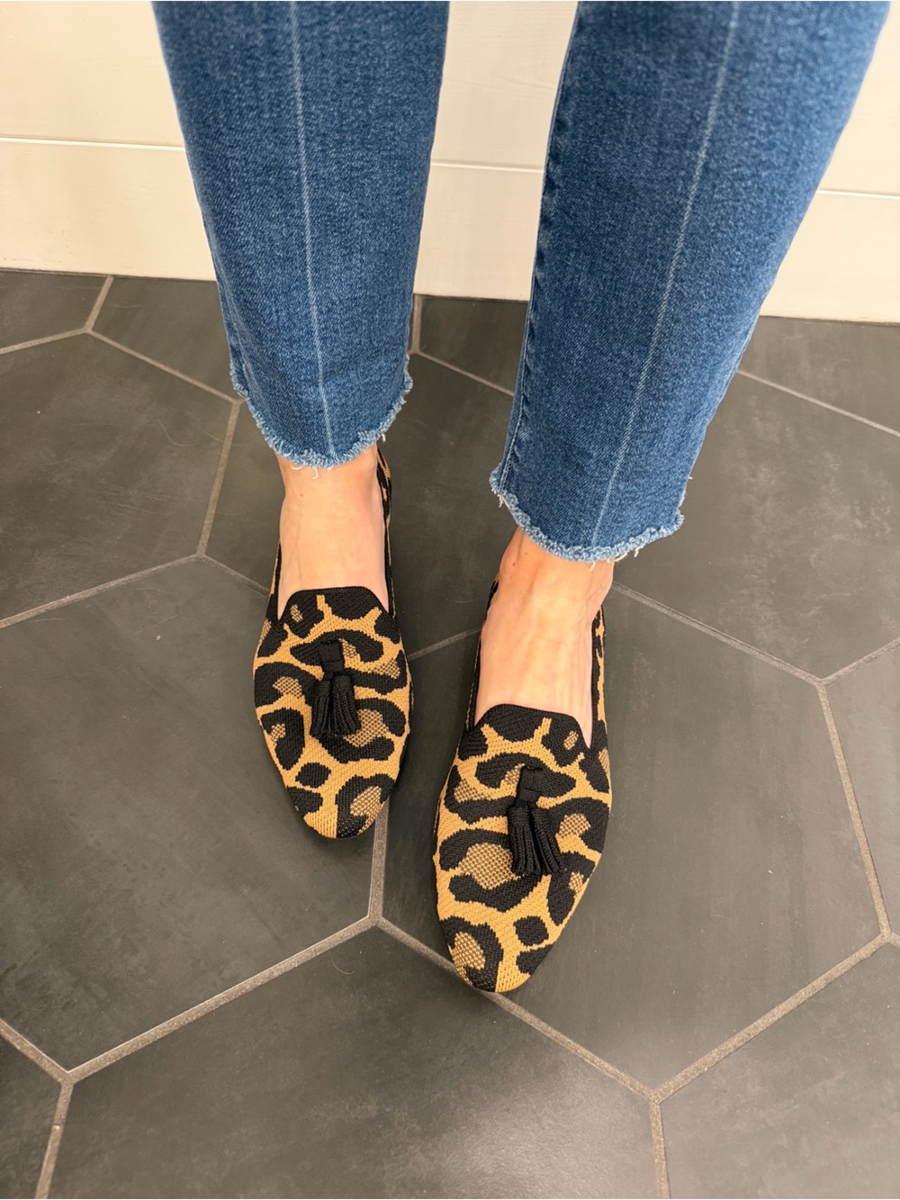 Rothy's Leopard Knit Tassel Loafers - Black & Tan